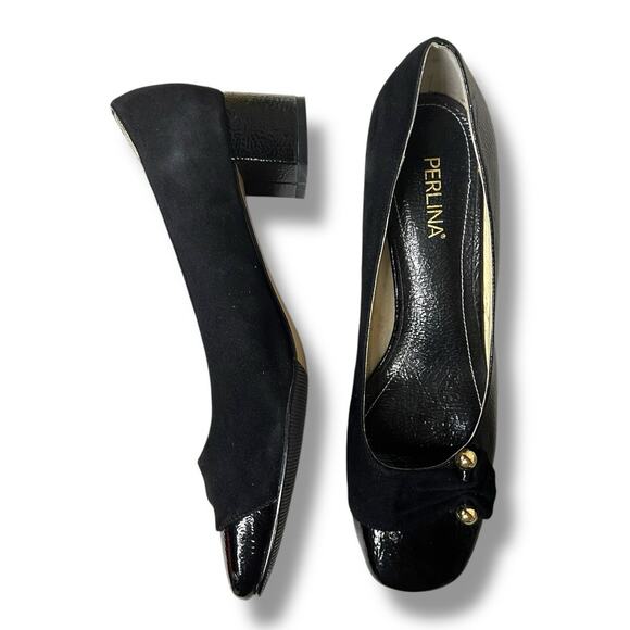 Perlina Pumps Peaches Low Block Heel Gold Details Suede and Patent Leather 9.5M - Picture 1 of 16
